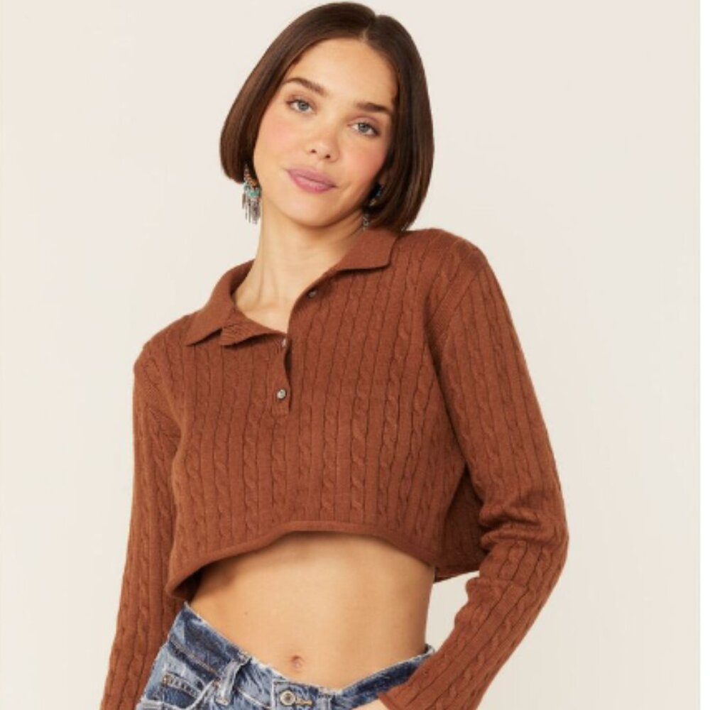 Callahan Women's Rootbeer Brown Cable Knit Long Sleeve Daisy Polo - Size Small